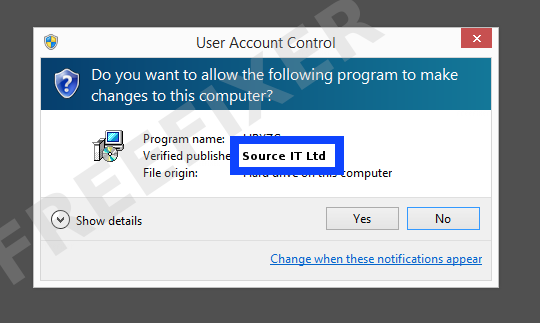 Screenshot where Source IT Ltd appears as the verified publisher in the UAC dialog